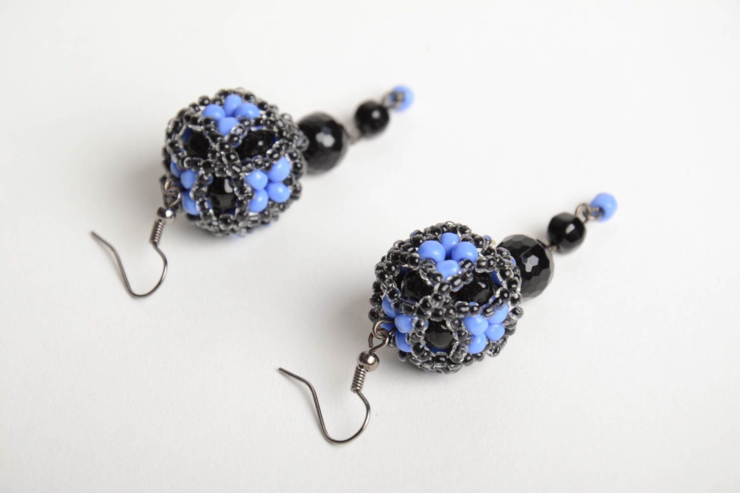 Handmade designer dangling earrings crocheted of blue and black seed beads photo 2