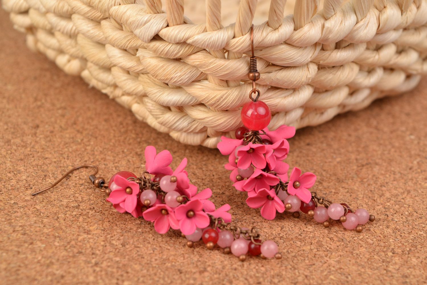 Cute handmade long earrings with polymer clay pink flowers with nephrite stone photo 1