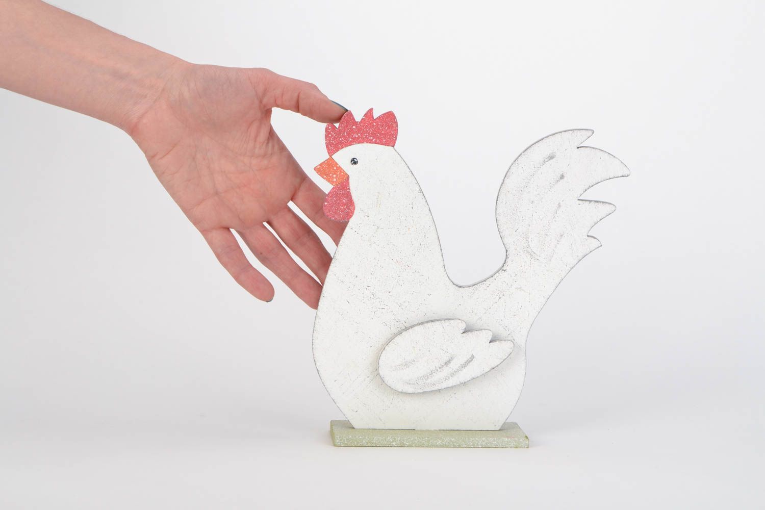 Handmade interior plywood toy in the shape of white cockerel table decoration photo 2