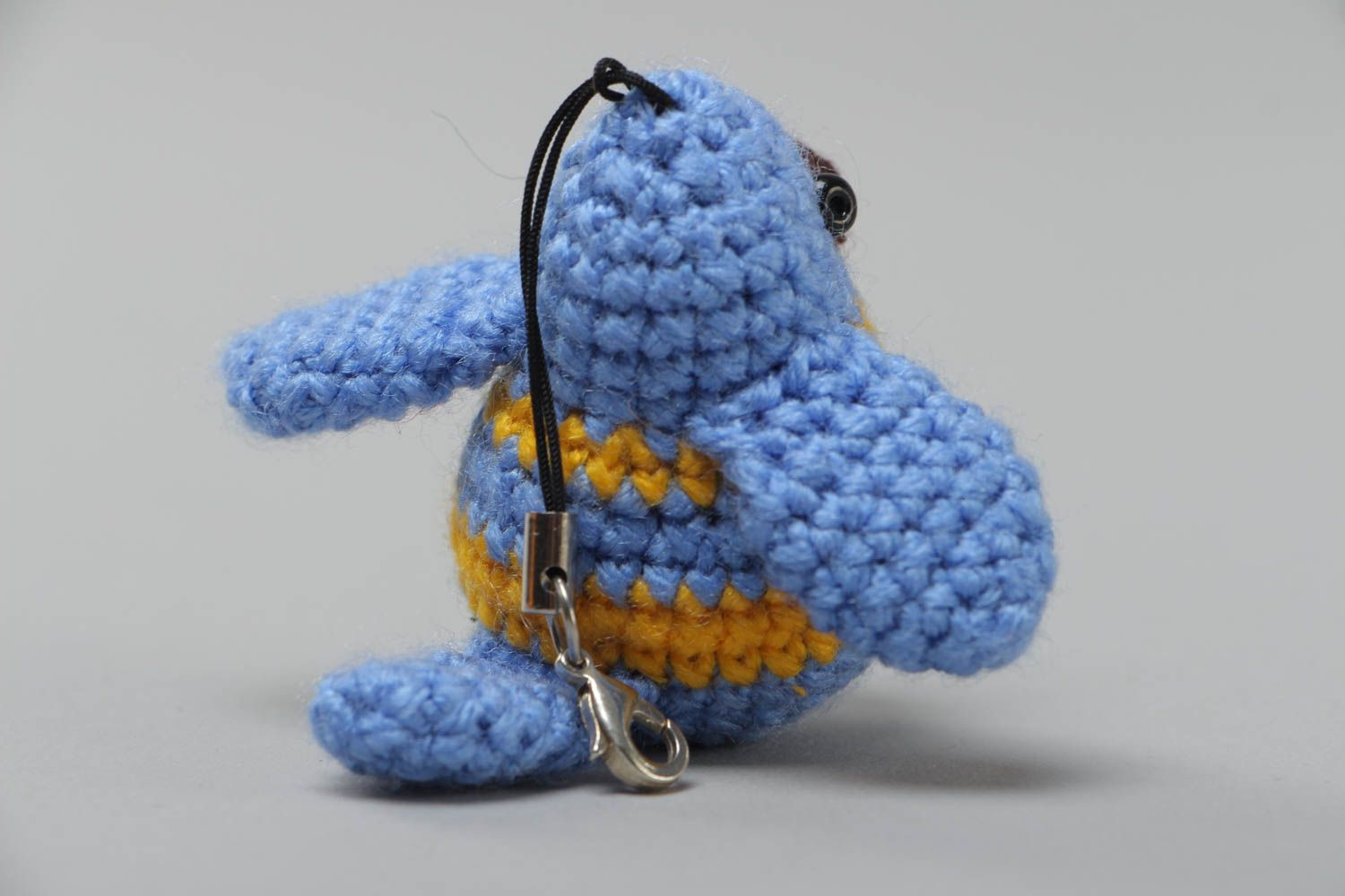 Handmade small soft toy keychain crocheted of acrylic threads blue yellow bird photo 4
