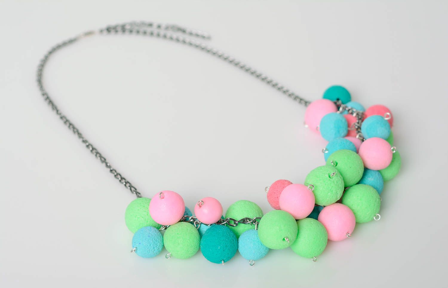 Handmade women's necklace with colorful polymer clay beads on metal chain photo 1