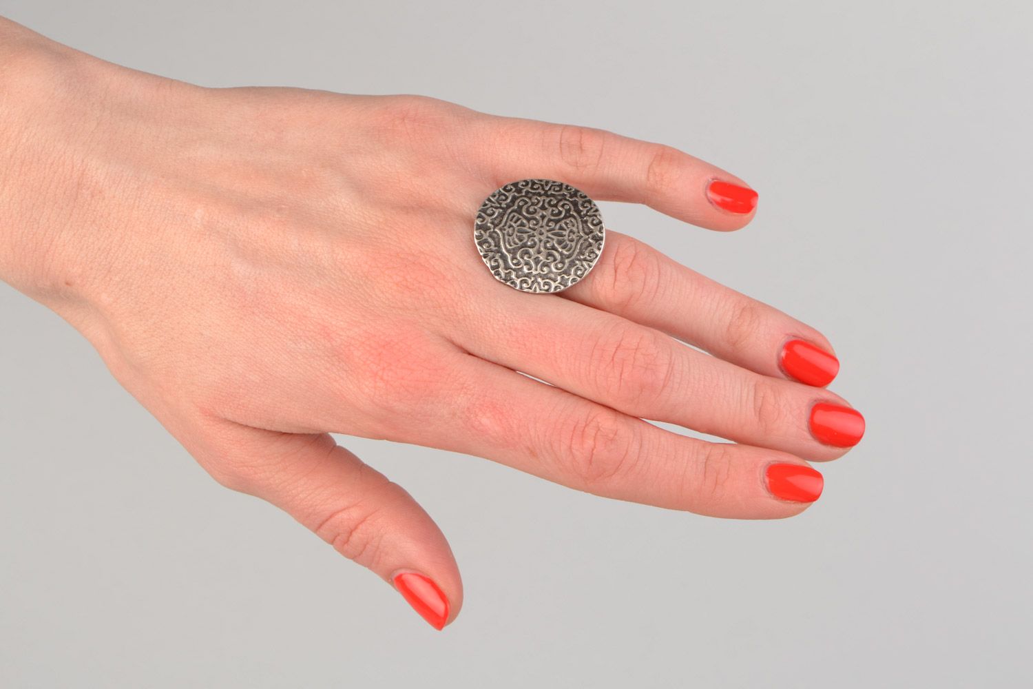 Large handmade round metal ring with ornament in ethnic style for women photo 2