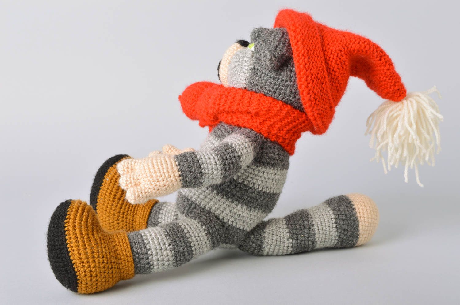 Handmade designer crochet toy striped gray cat in red hat and scarf photo 4