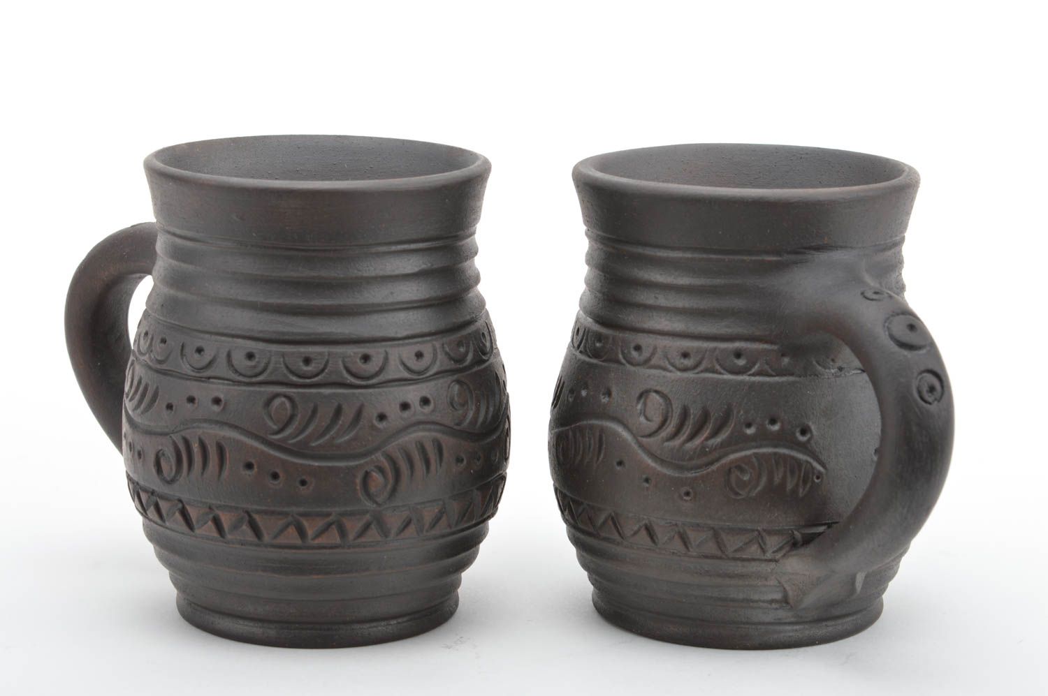 Set of dark brown two 16 oz cups with handle and rustic plain pattern photo 2