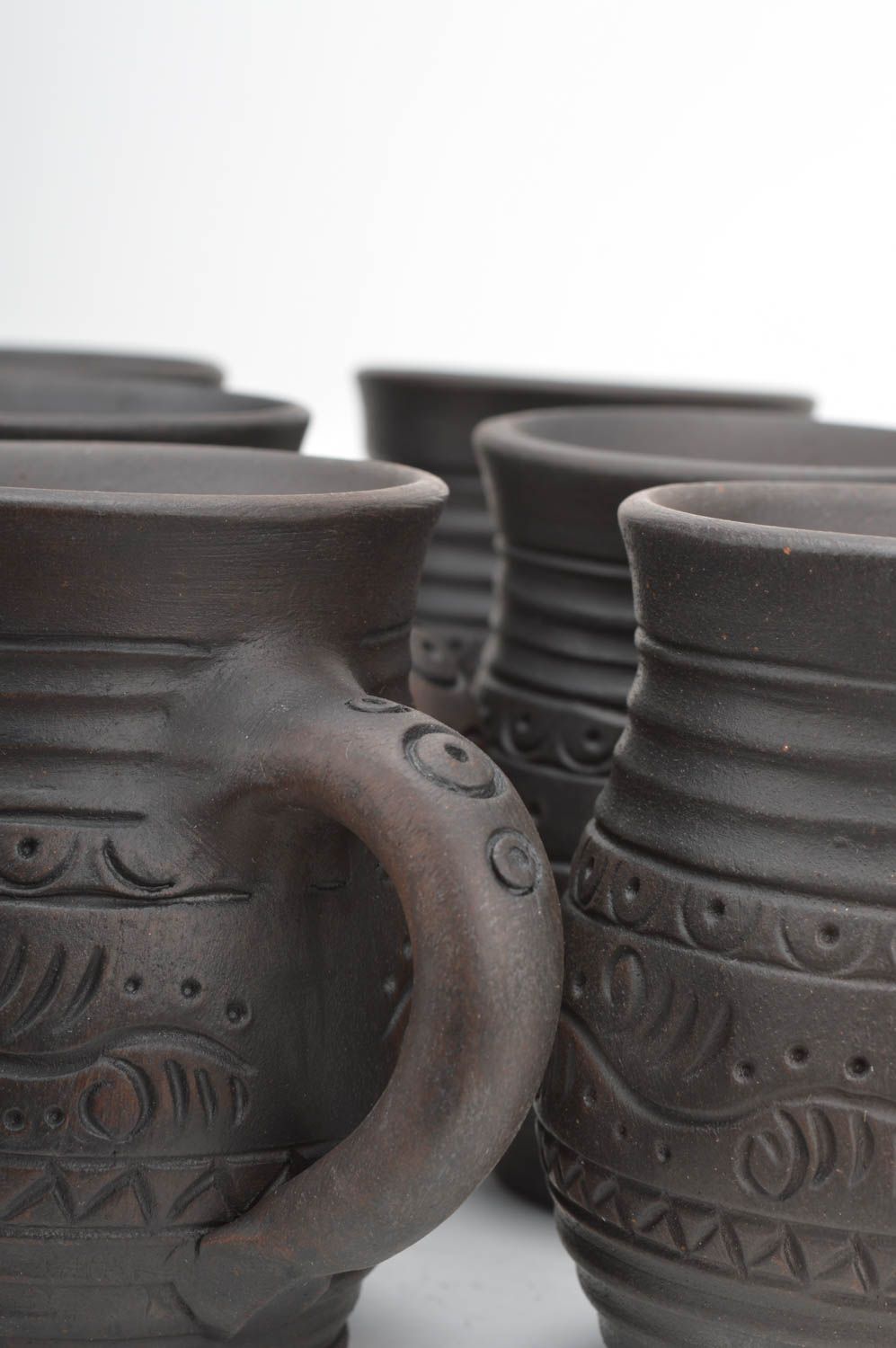 Set of 6 six 8 oz clay dark brown coffee cups with handle and ethnic classic pattern  photo 3