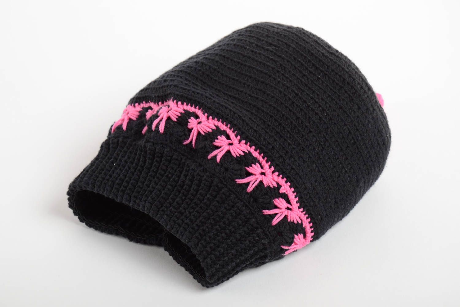 Bonnet tricot fait main Chapeau au crochet noir acrylique Vêtement femme design photo 3