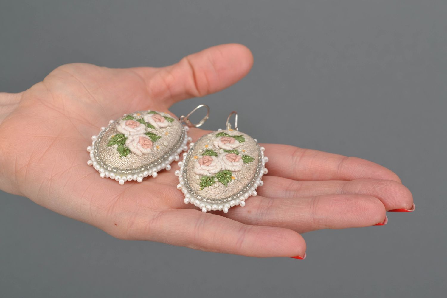 Satin stitch embroidered earrings with beads Light Roses photo 2