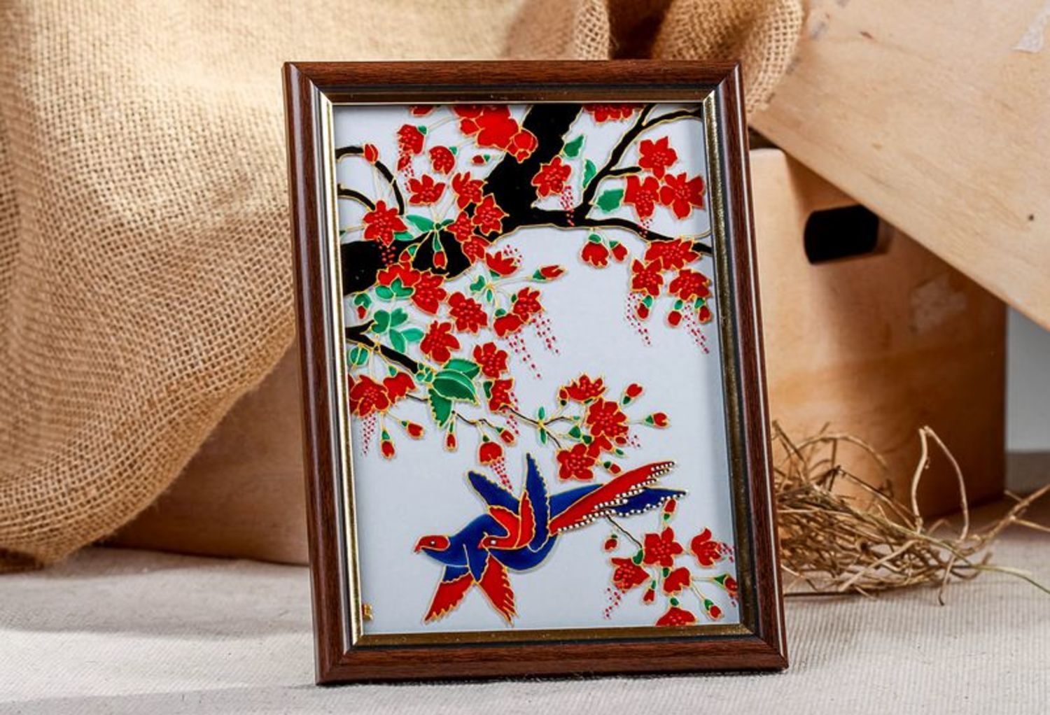 Stained glass picture in wooden frame Bird of happiness photo 1