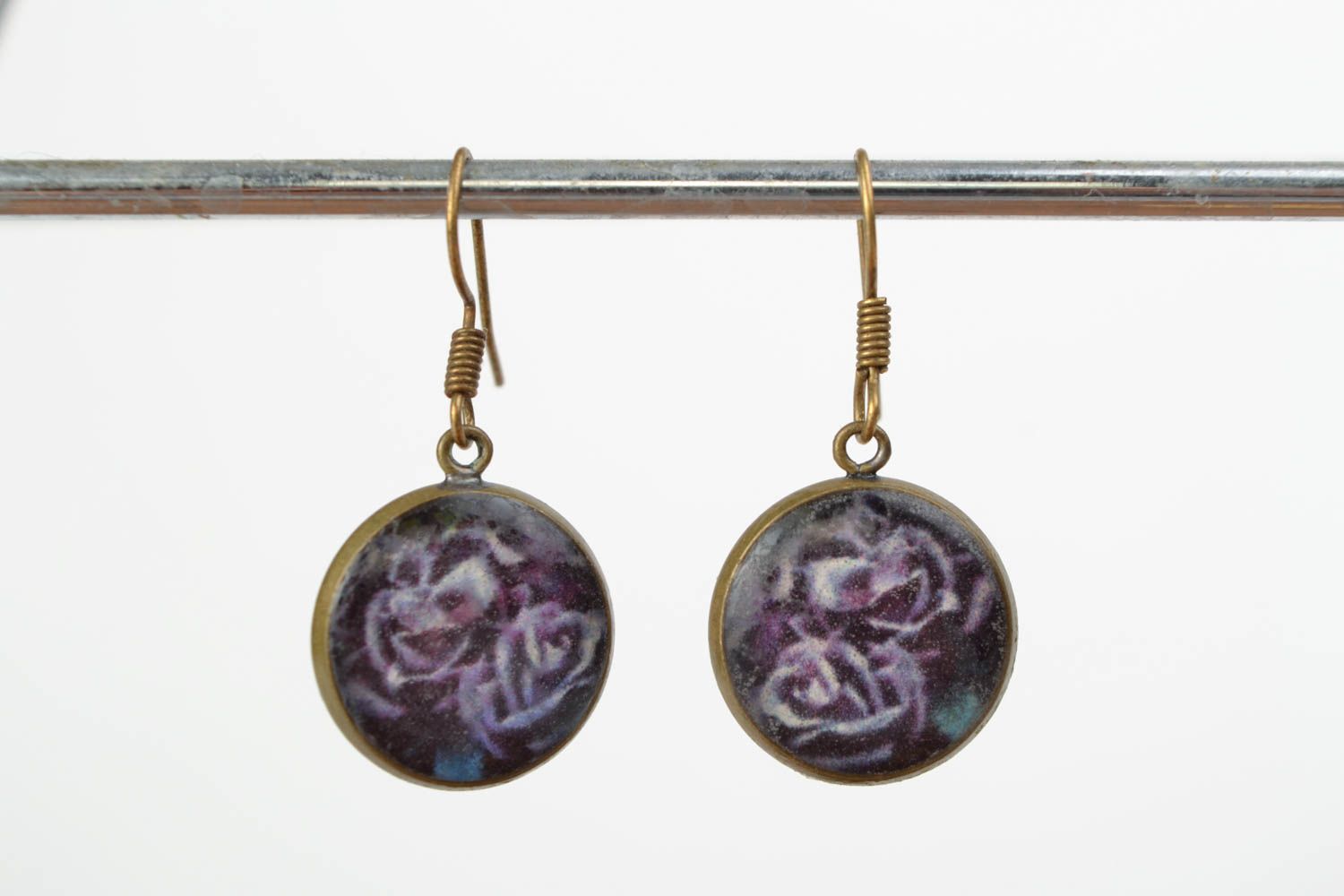 Handmade violet decoupage round earrings with epoxy resin photo 2
