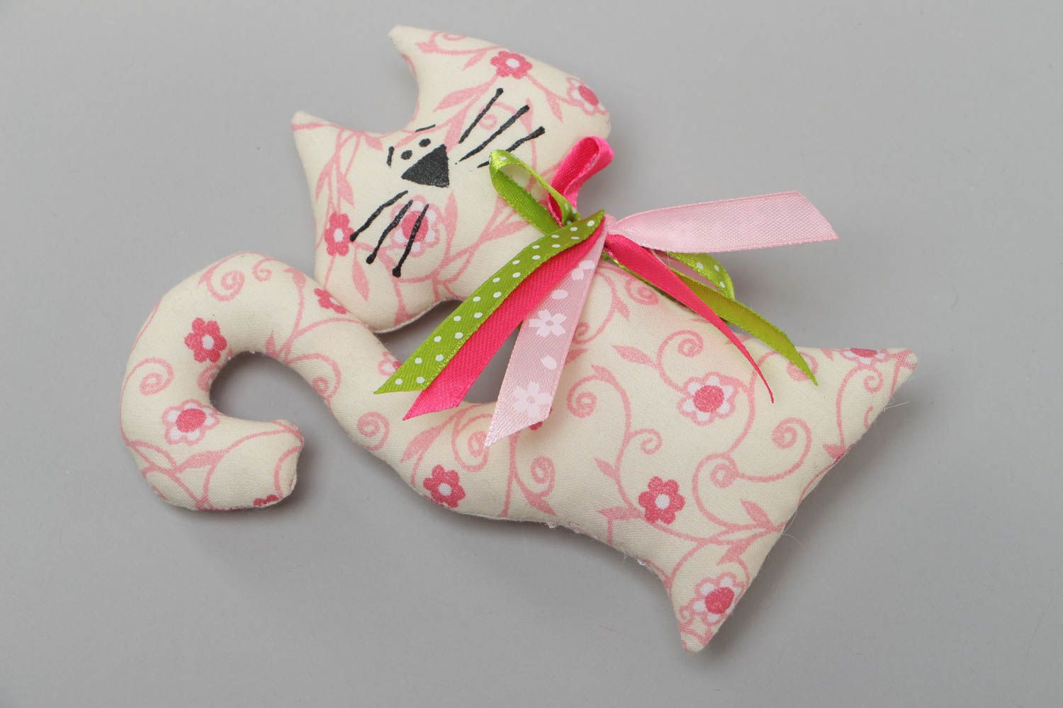 Handmade soft toy fridge magnet sewn of light patterned cotton fabric Cat photo 2
