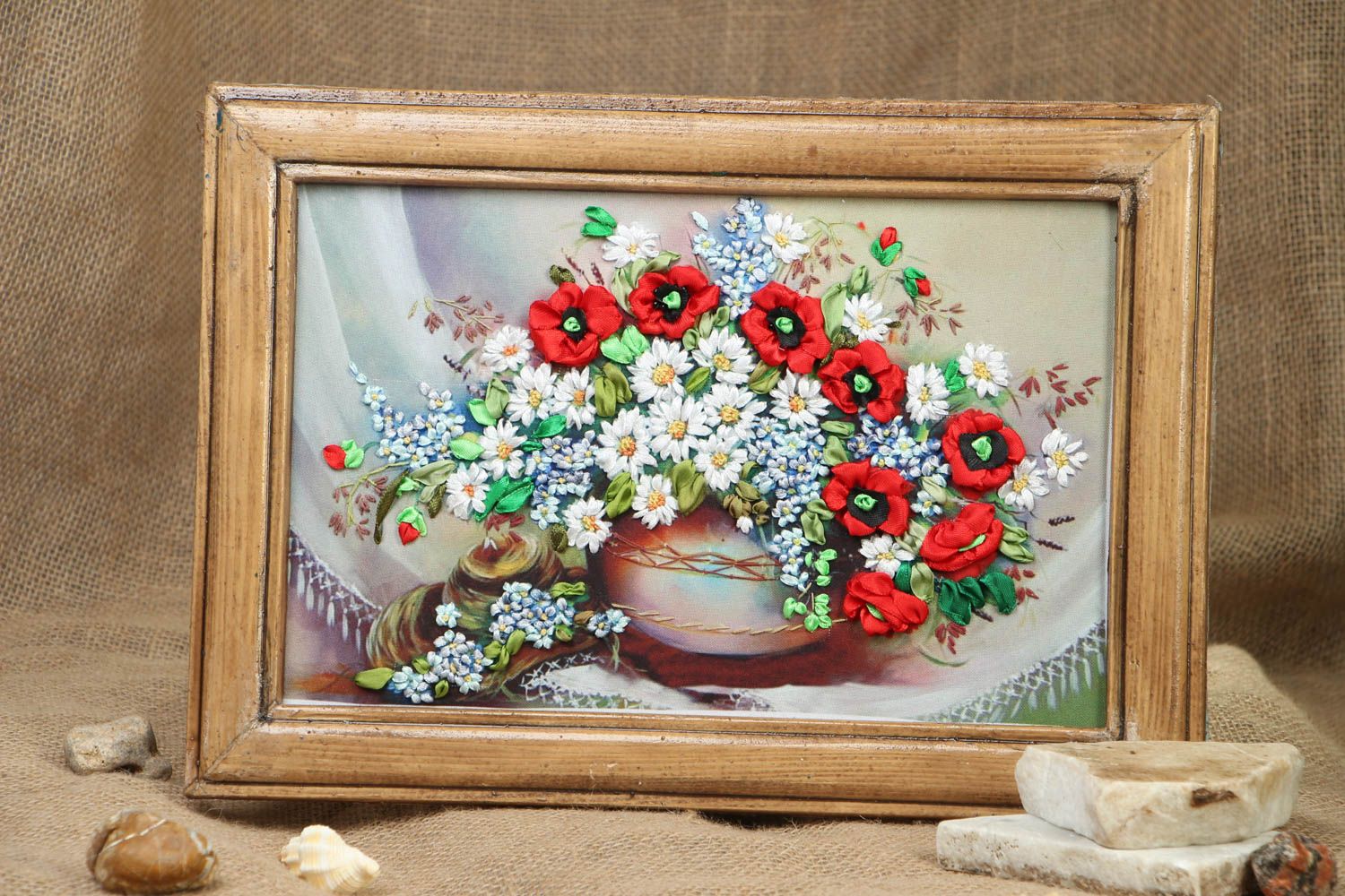 Picture embroidered with ribbons Poppies and Chamomiles photo 5