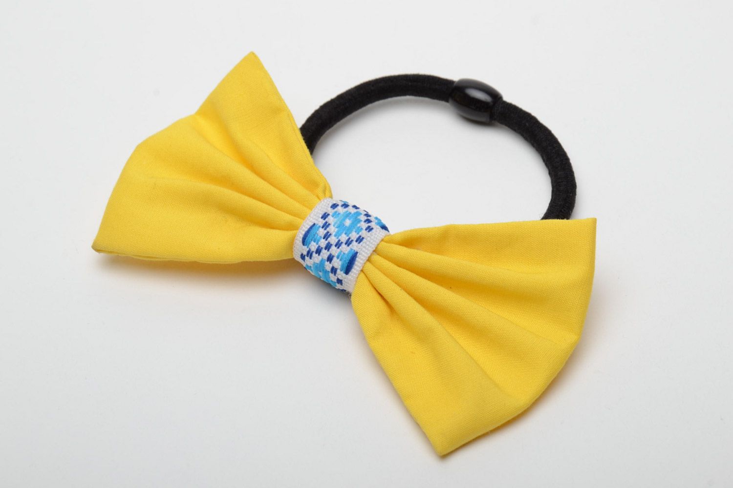 Beautiful yellow handmade cotton fabric bow hair tie photo 2
