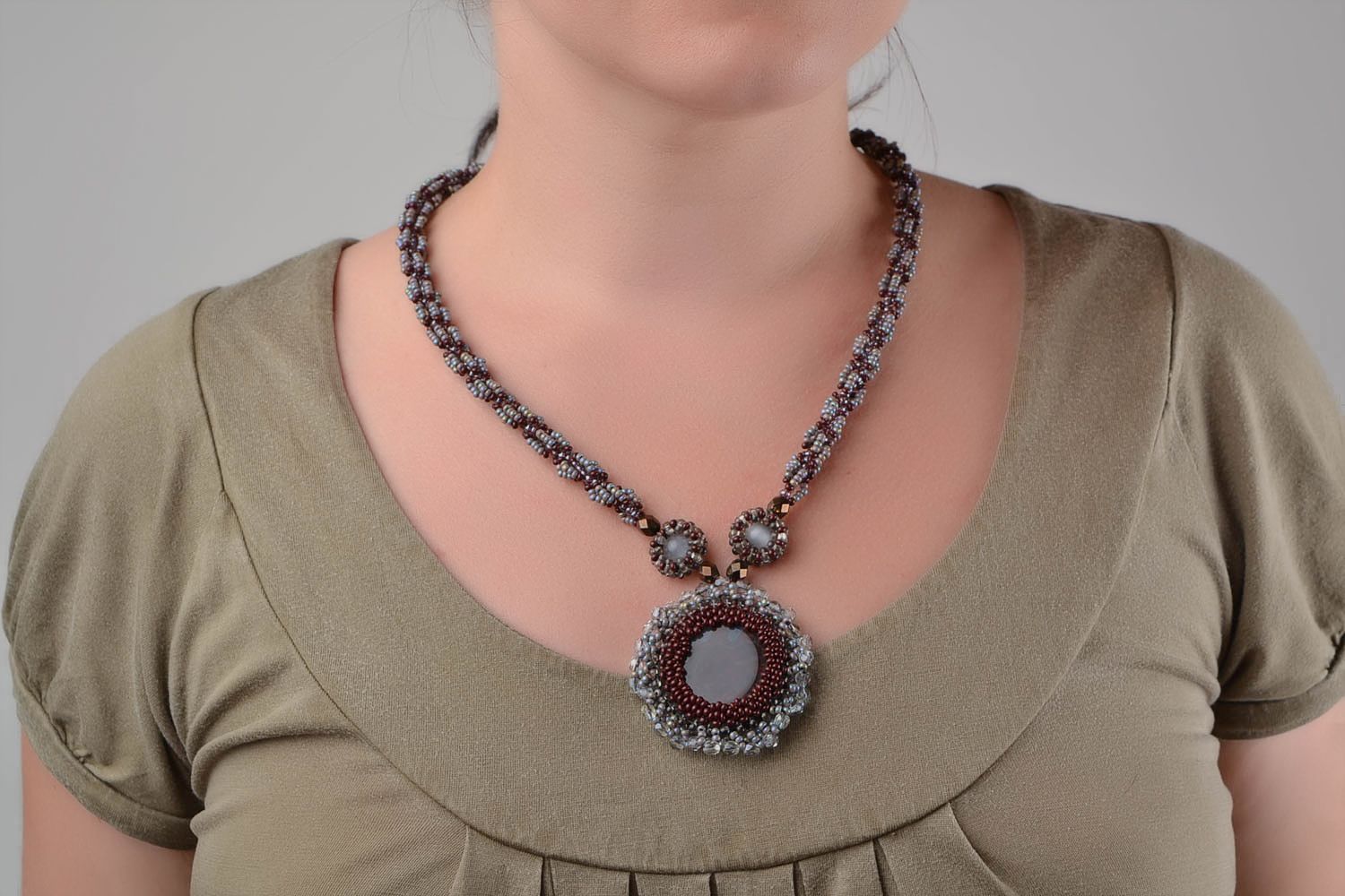 Beaded pendant with natural stones long gray handmade designer accessory photo 1