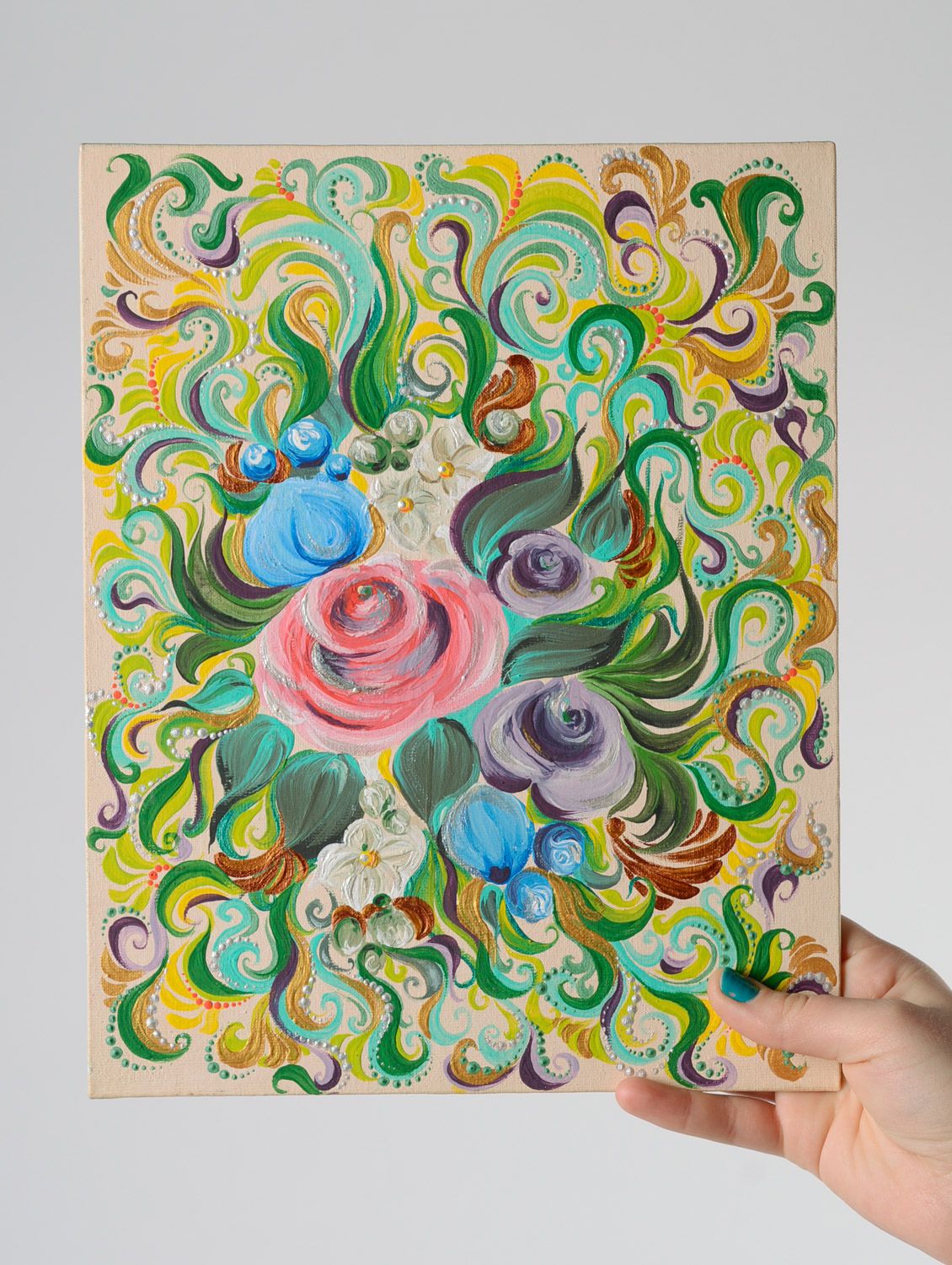 Schönes künstlerisches buntes Gemälde mit Acrylfarben Blumen Handarbeit  foto 5