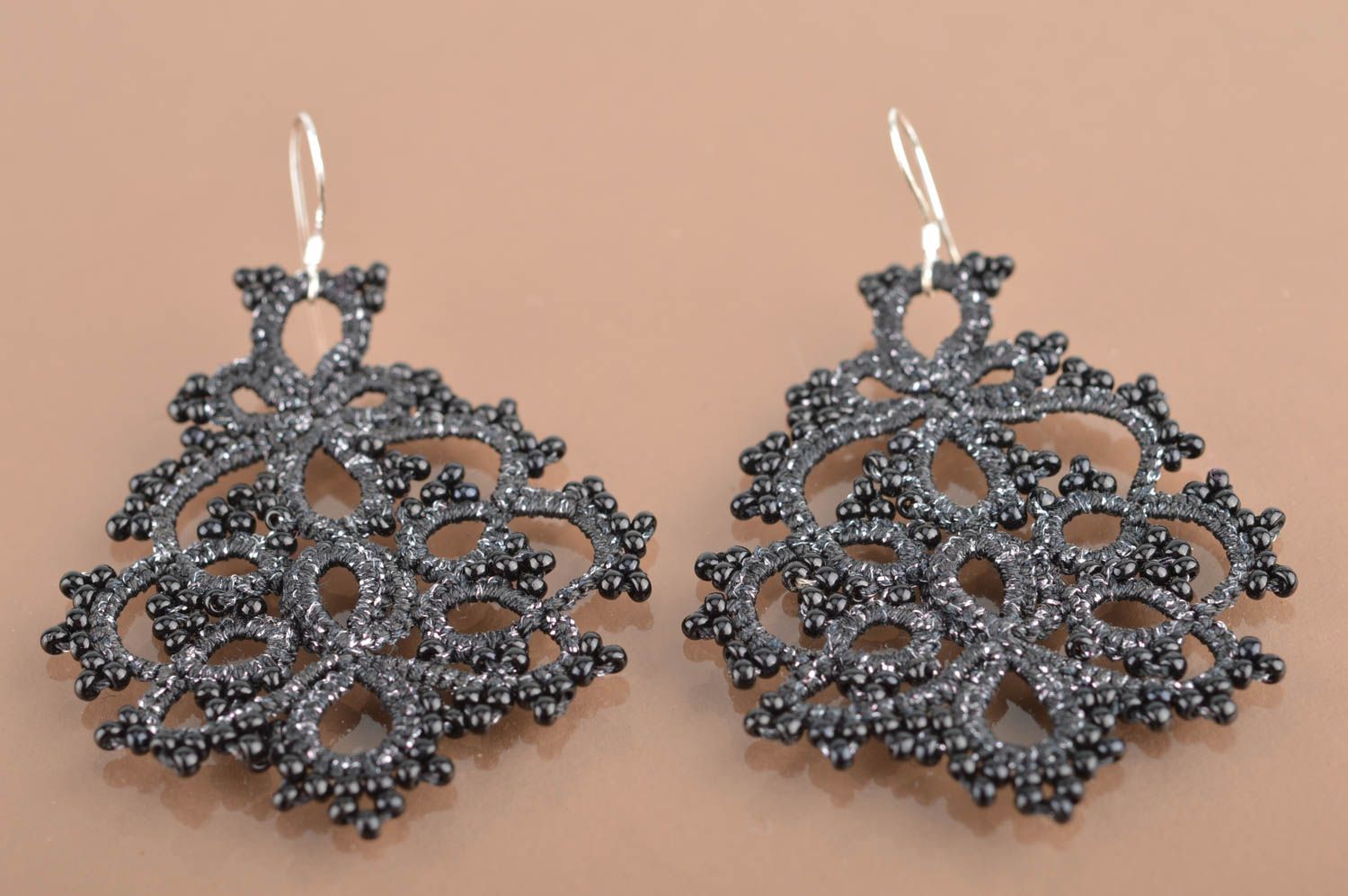 Handmade designer lace drop dangle tatted earrings festive black jewelry  photo 2