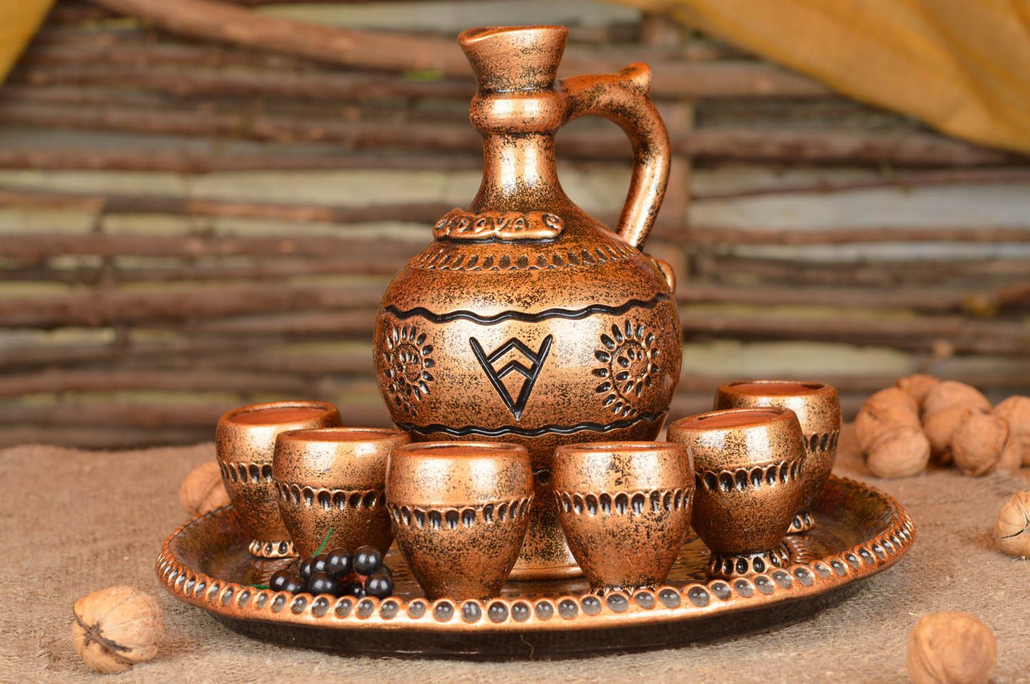 Conjunto de vajilla cerámica artesanal bandeja 6 copas y jarro pintados bonitos foto 1