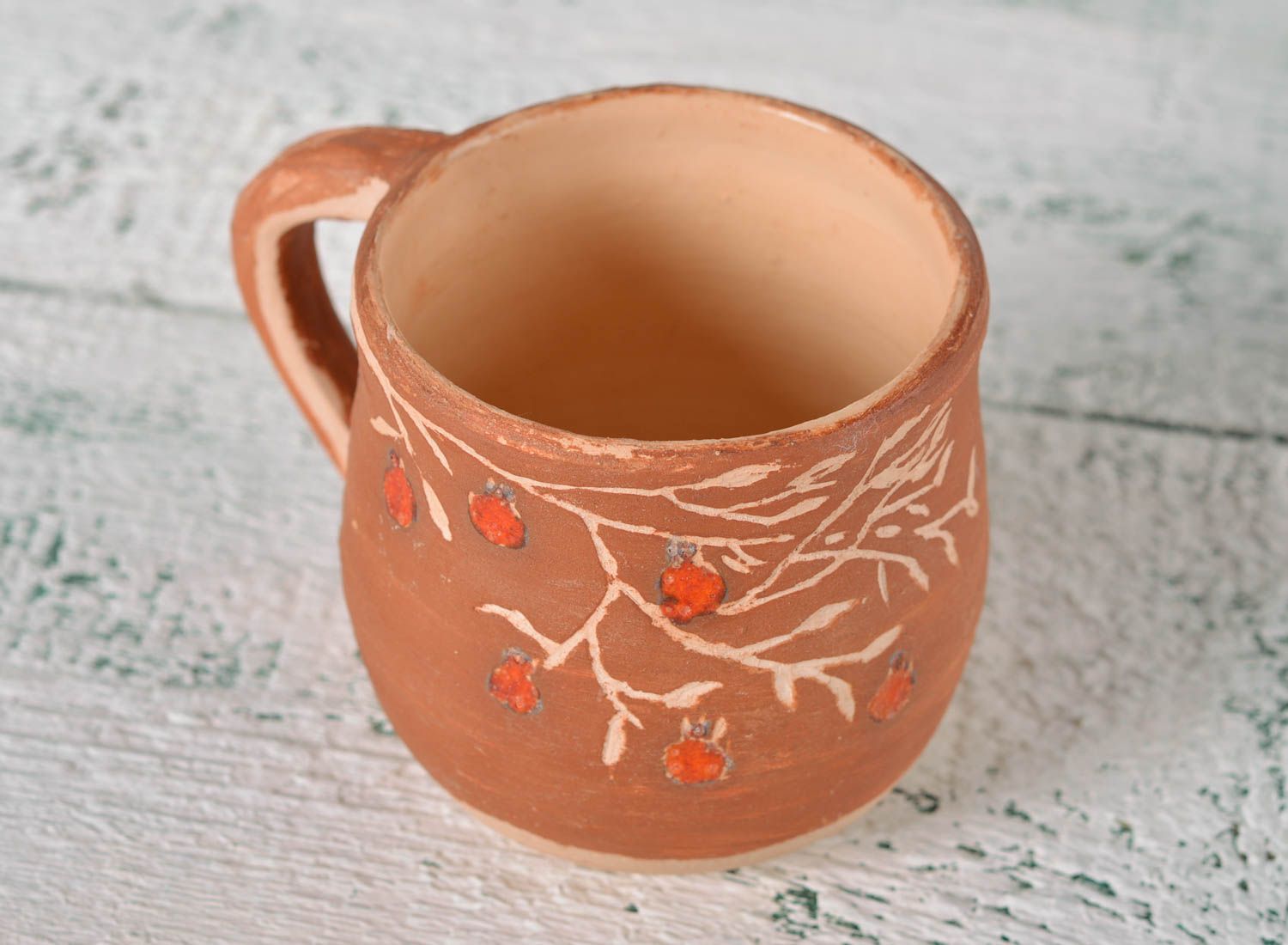Clay teacup with handmade cherry tree pattern 0,79 lb photo 2