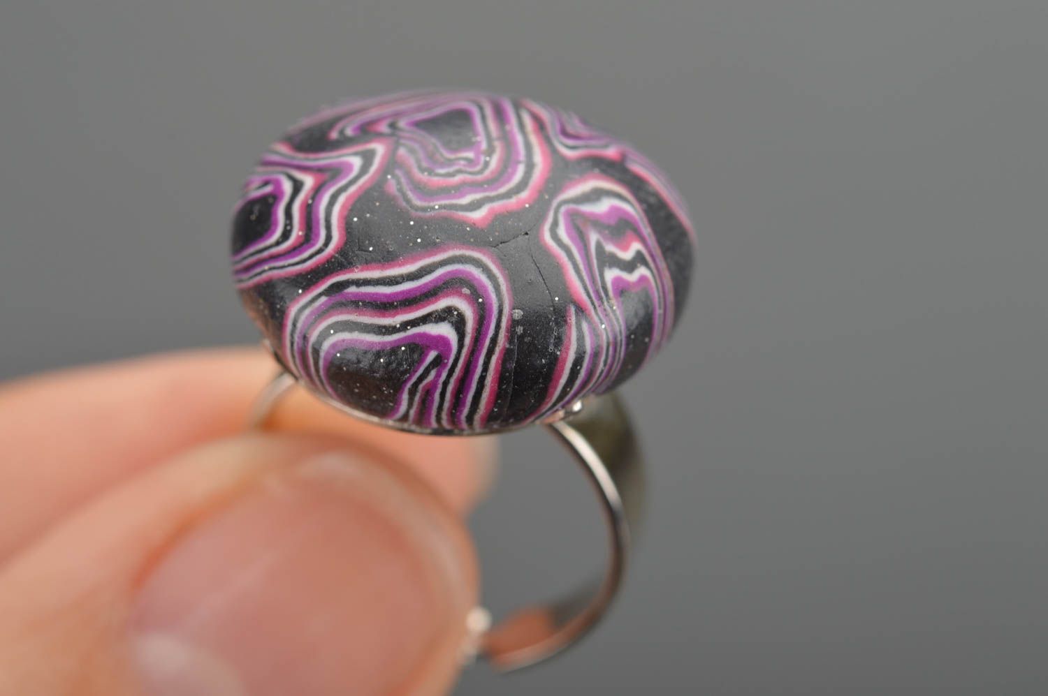 Handmade elegant round ring made of polymer clay in purple color photo 5