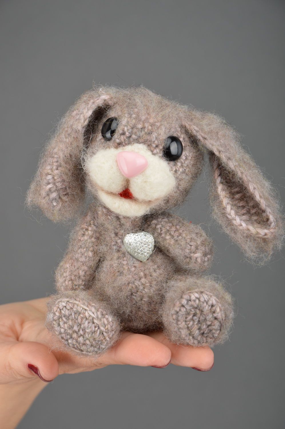 Handmade small cute soft toy crocheted of natural wool beige rabbit for children photo 3