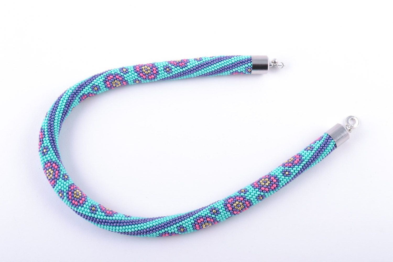Short handmade beaded cord necklace of blue color with violet flowers for women photo 4
