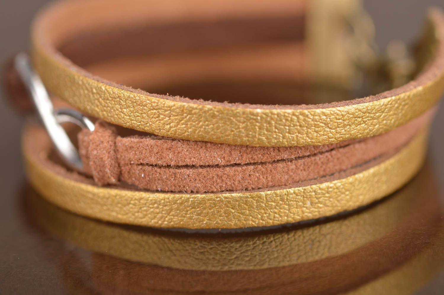Handmade designer genuine leather and suede cords wrist bracelet brown and gold photo 5