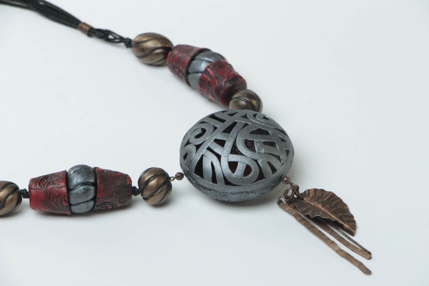 Unusual women's handmade polymer clay necklace on cord beautiful designer photo 3