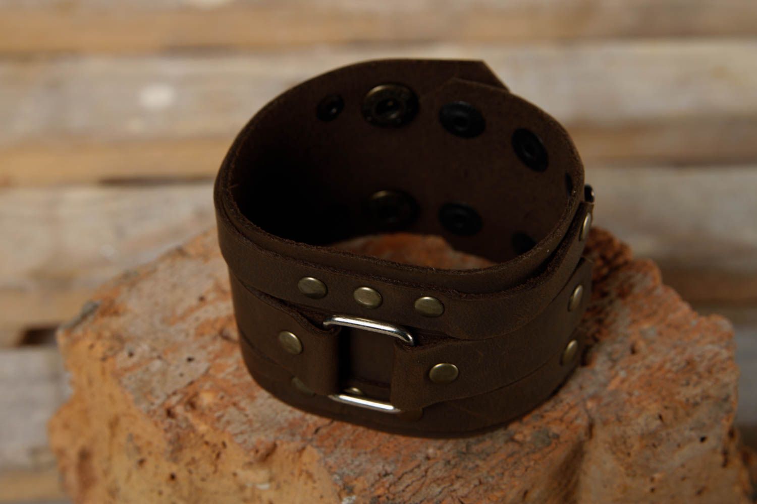 Unusual handmade leather wrist bracelet unisex jewelry handmade accessories photo 1
