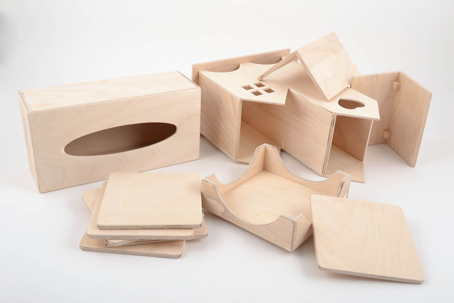Set of 3 handmade plywood blanks DIY tea bag box napkin holder and coasters photo 2