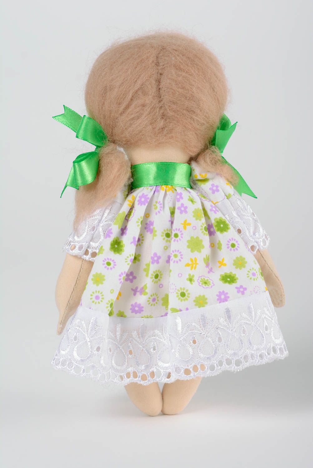 Handmade cotton fabric soft doll girl in floral dress with green ribbons photo 3