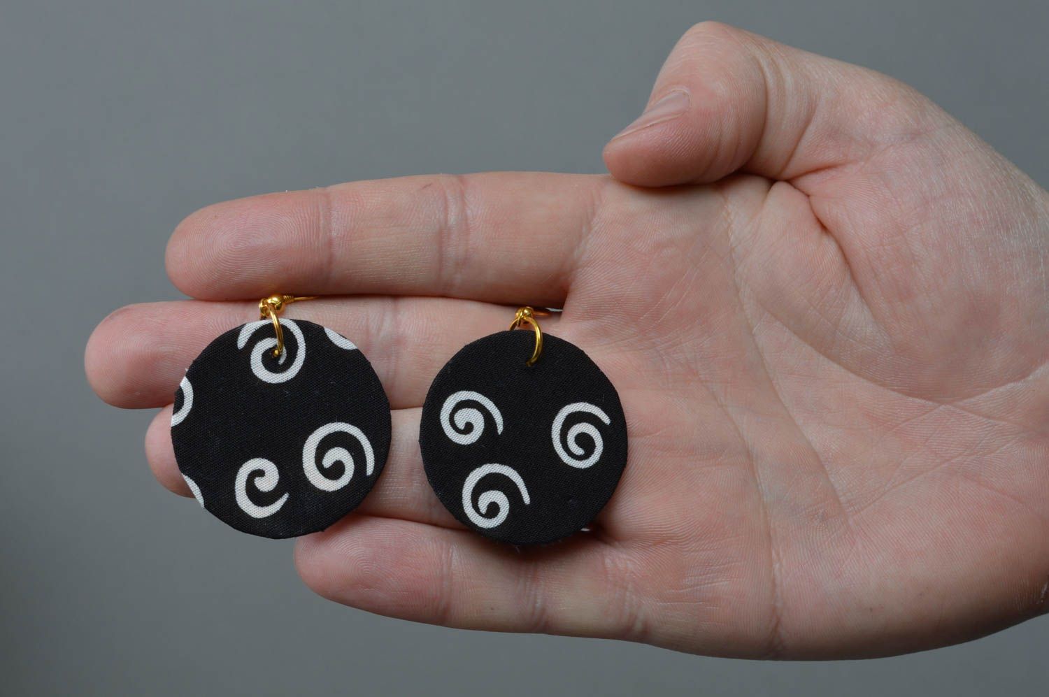 Handmade round fabric dangling earrings black with white ornament on carton basis photo 4