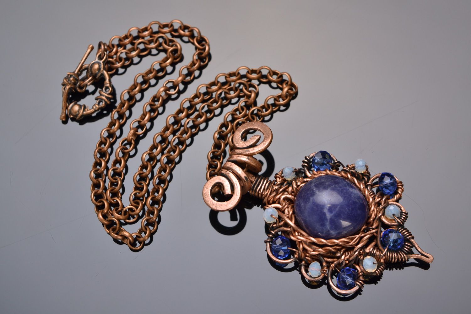 Handmade wire wrap copper pendant with natural stones on long chain for women photo 1
