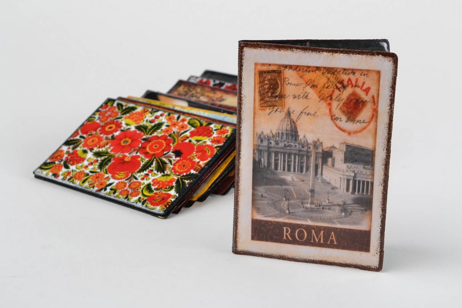 Handmade designer faux leather passport cover decorated with decoupage Roma photo 1