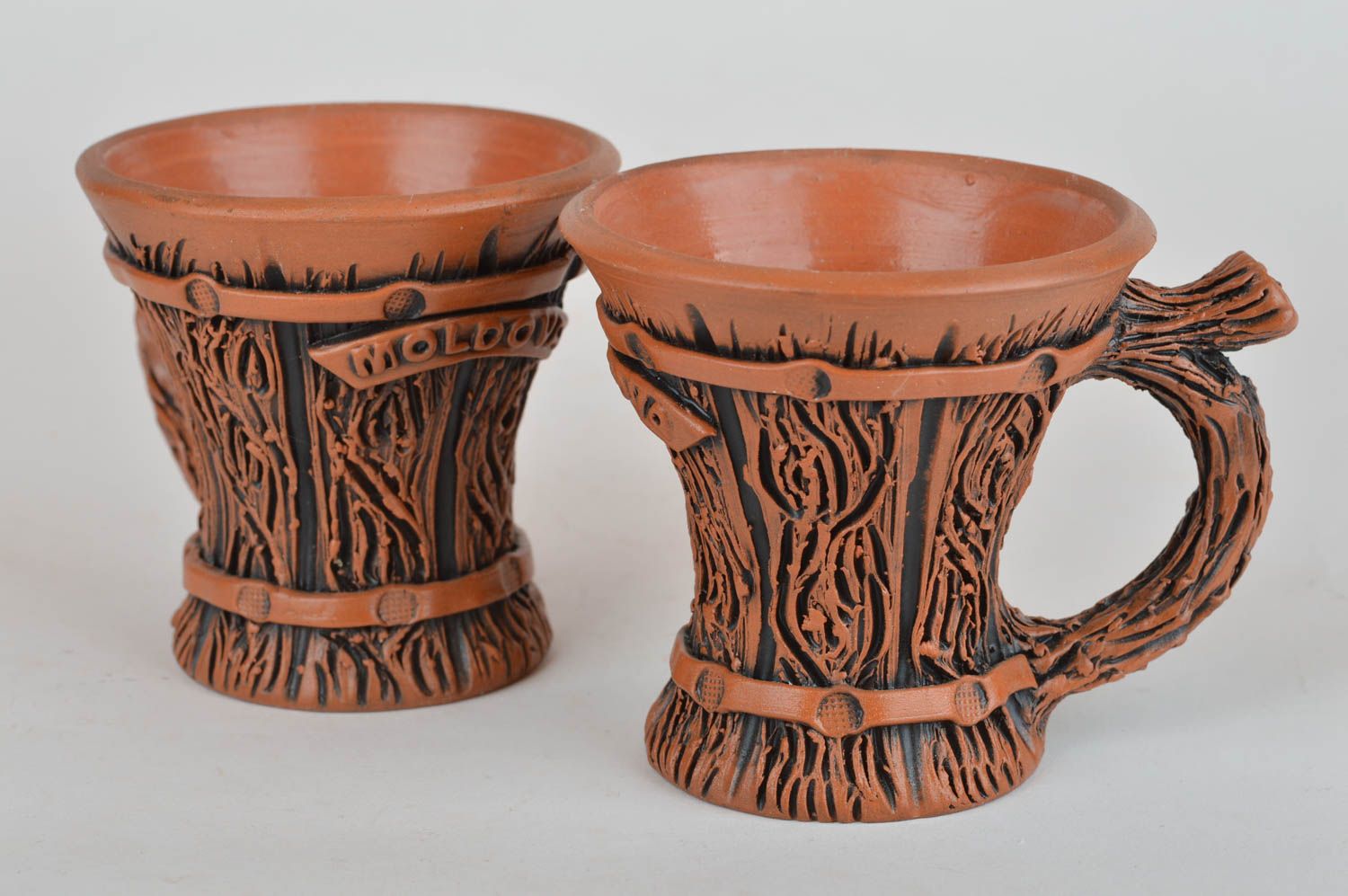 Set of 2 two clay 3 oz coffee cups with fake wood pattern and handles photo 2