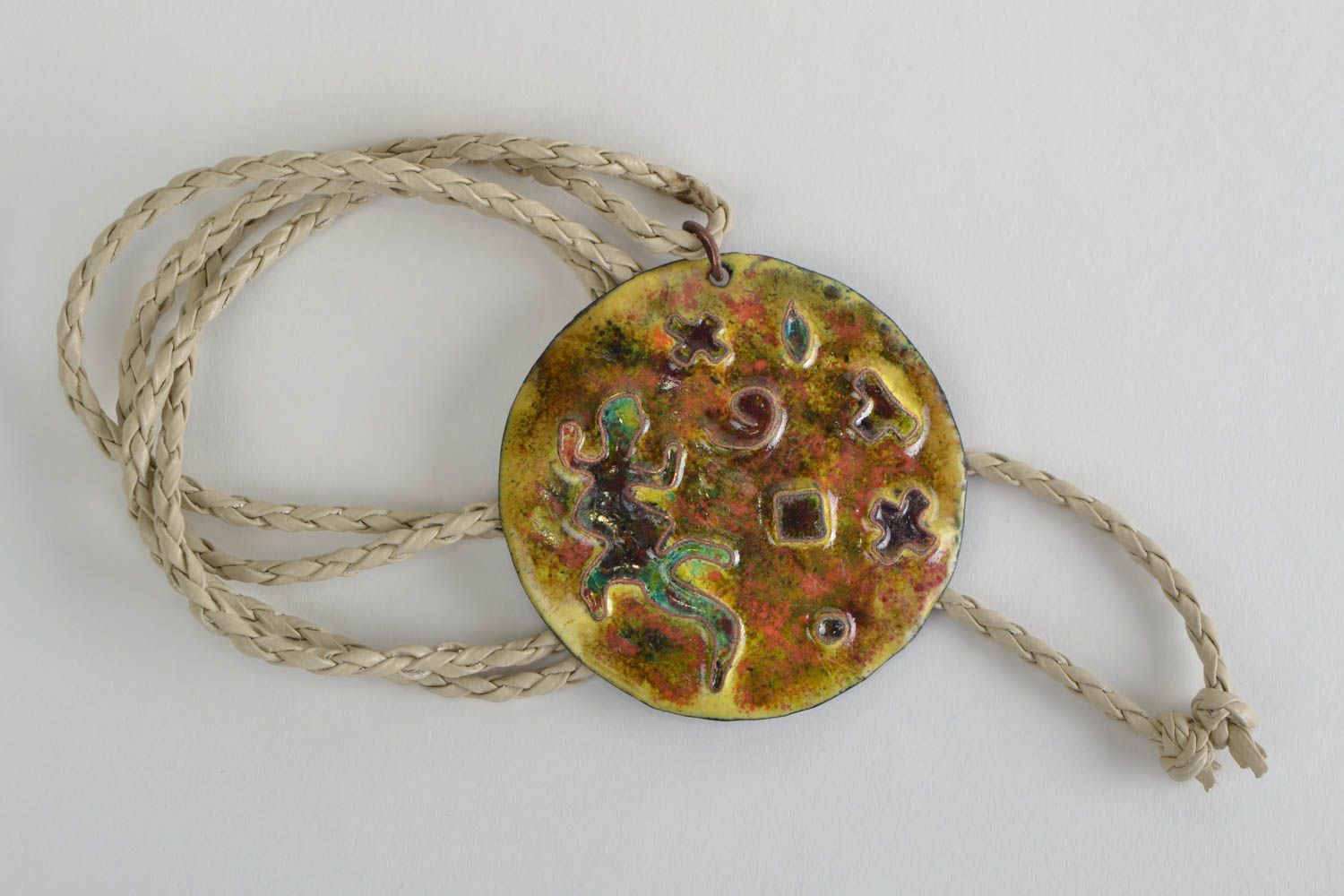 Handmade round copper pendant necklace with colorful enamel painting on cord photo 1