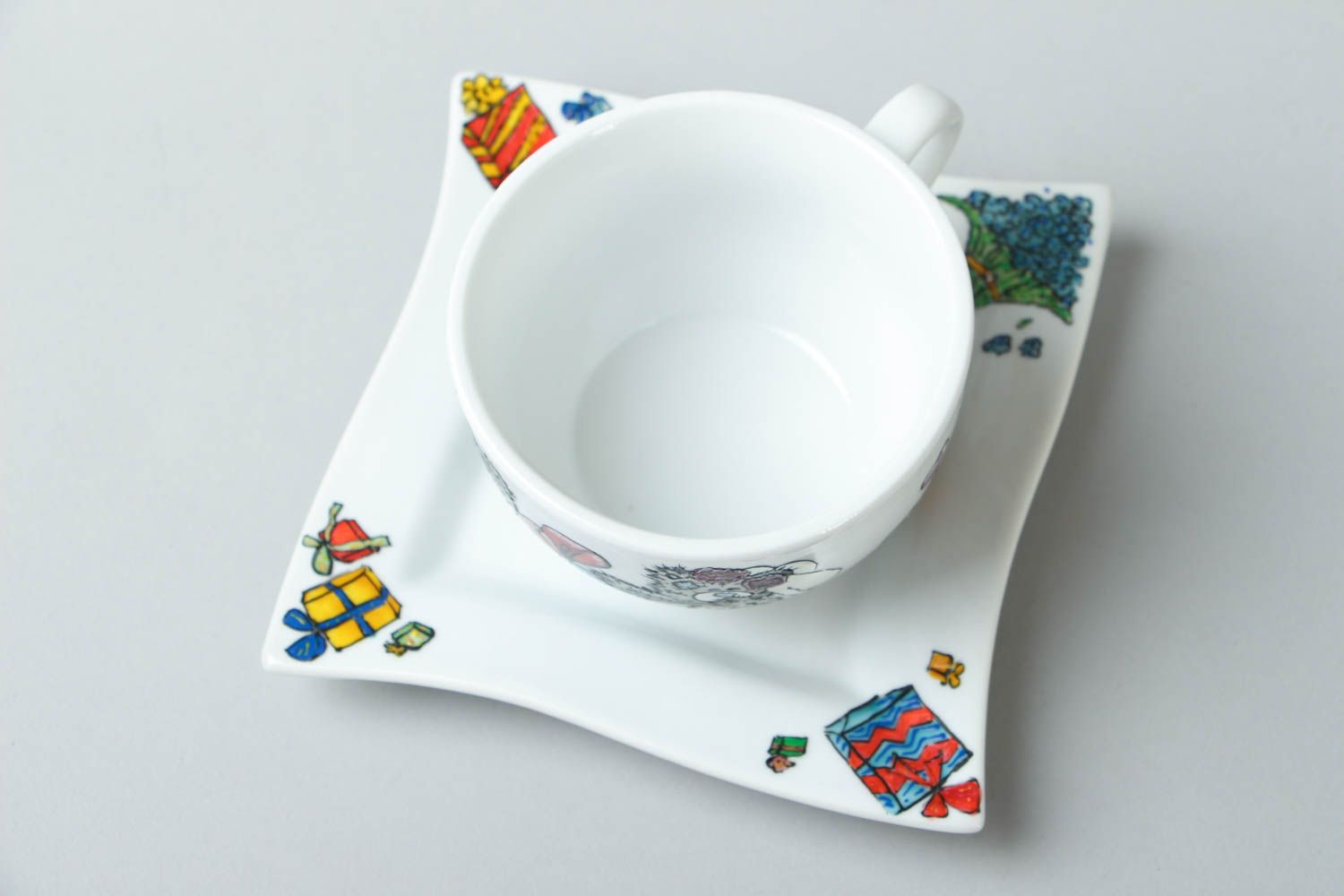 Handmade porcelain drinking cup with handle and teddy bears' pattern and square saucer photo 2