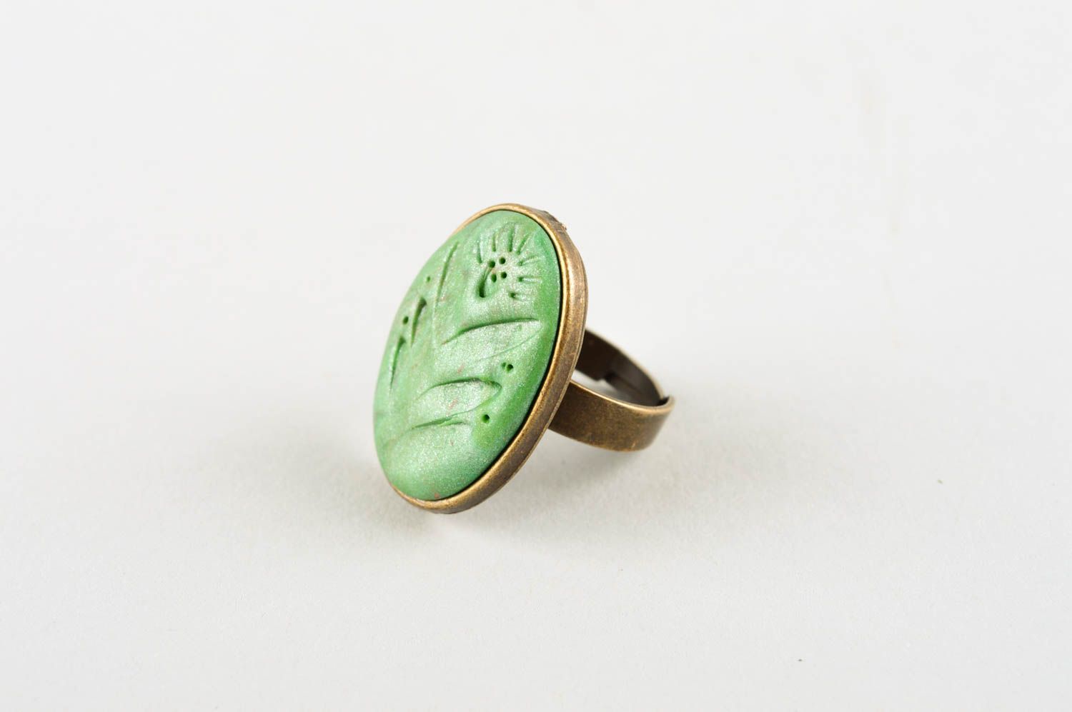 Кольцо ручной работы кольцо для девушек украшение из полимерной глины зеленое фото 3