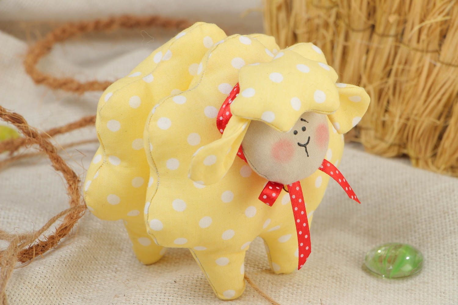 Handmade cotton fabric soft toy sheep of yellow color with white dots photo 1