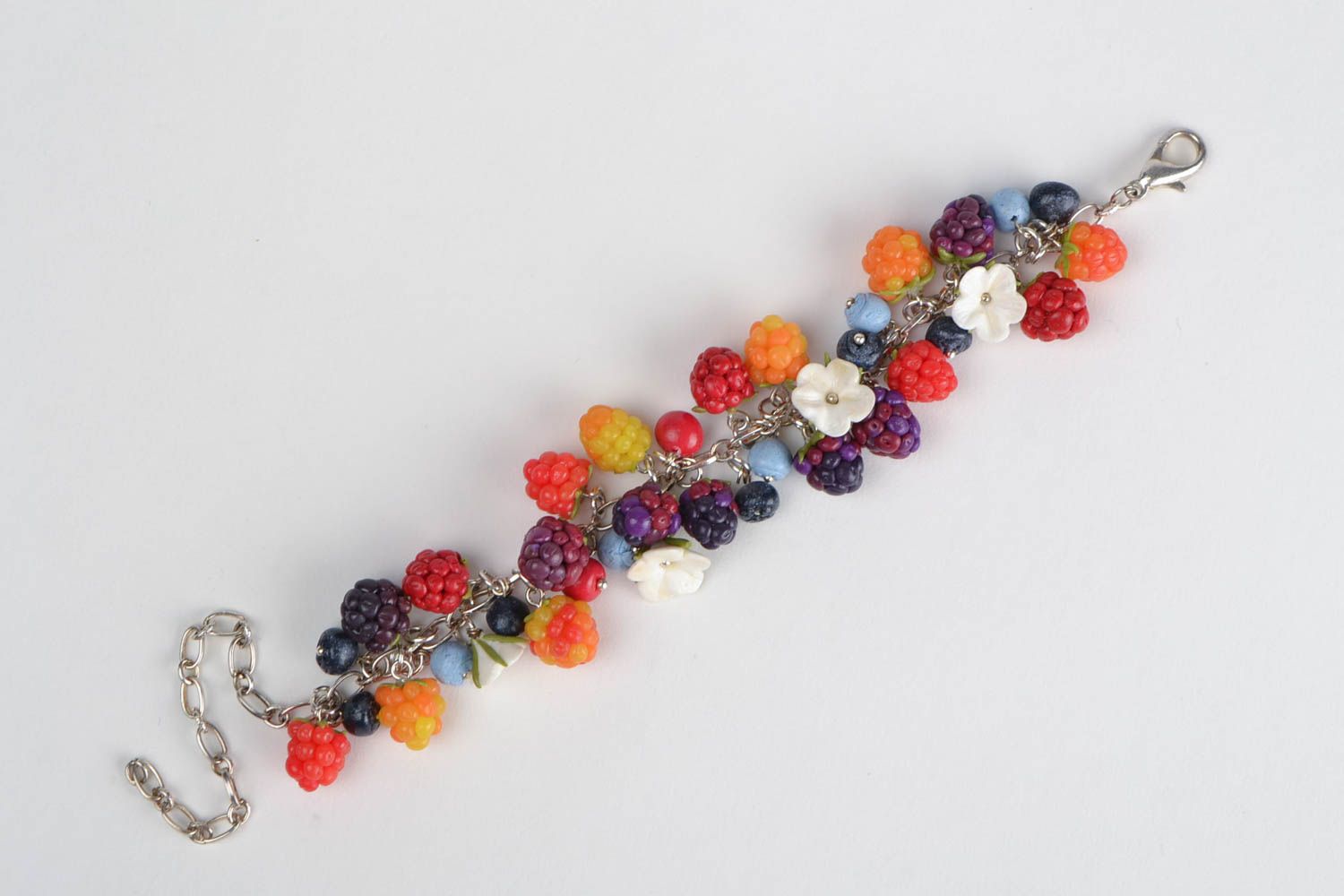 Handmade chain wrist bracelet with polymer clay colorful berries and flowers photo 3