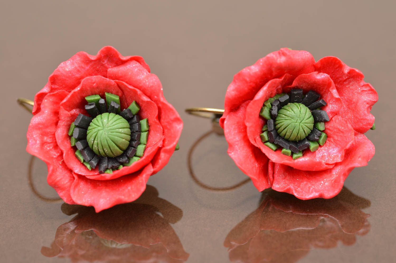 Handmade designer dangle earrings with polymer clay volume flowers red poppies photo 2