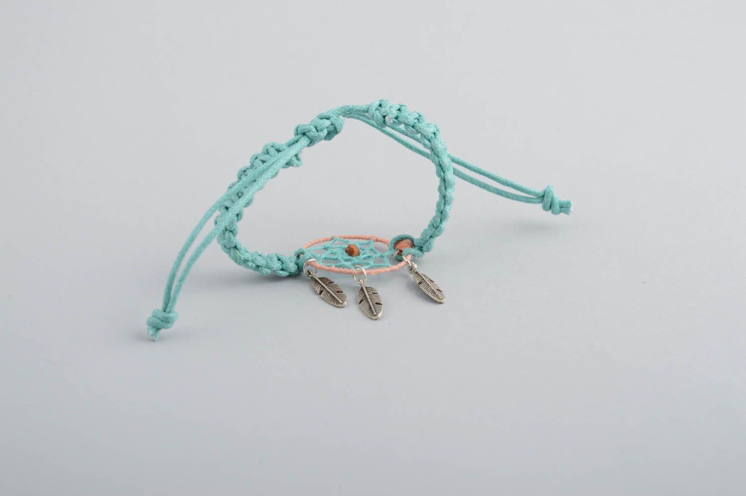 Handmade macrme woven waxed cord blue wrist bracelet with dreamcatcher amulet photo 4