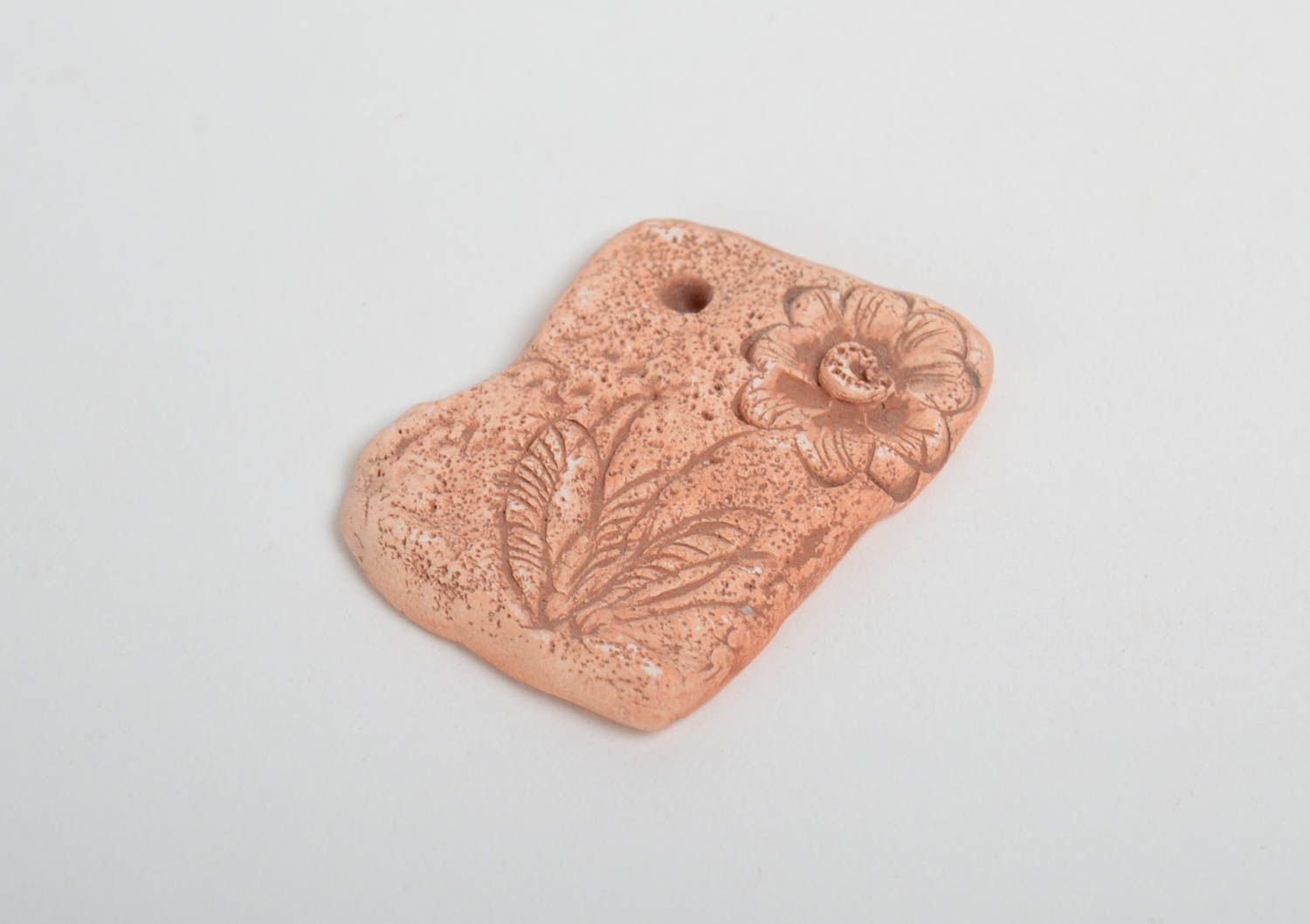 Handmade rectangular clay pendant blank with flower  photo 5