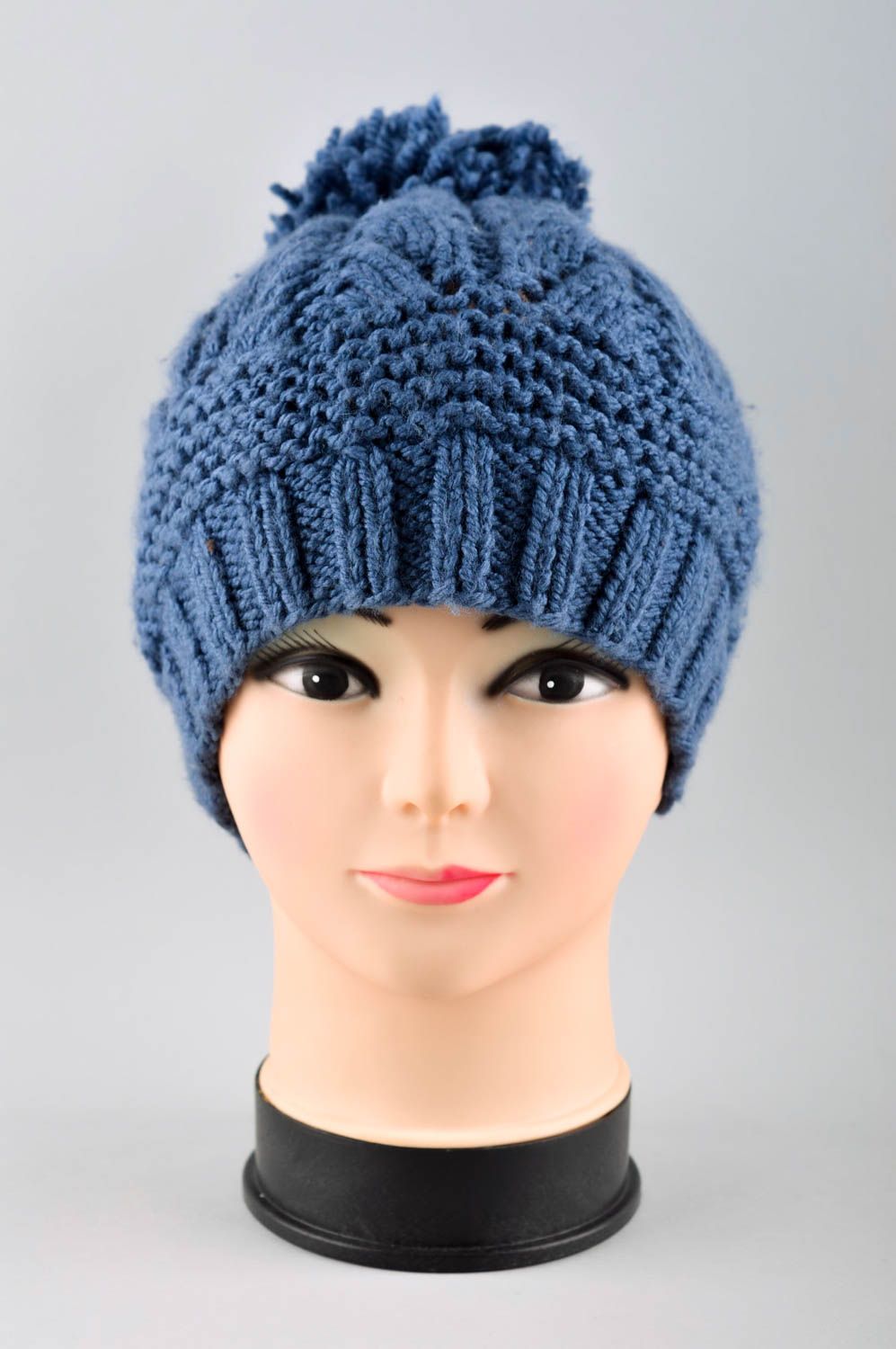 Handmade blue cap with pompon unusual knitted cap winter warm hat for women photo 2