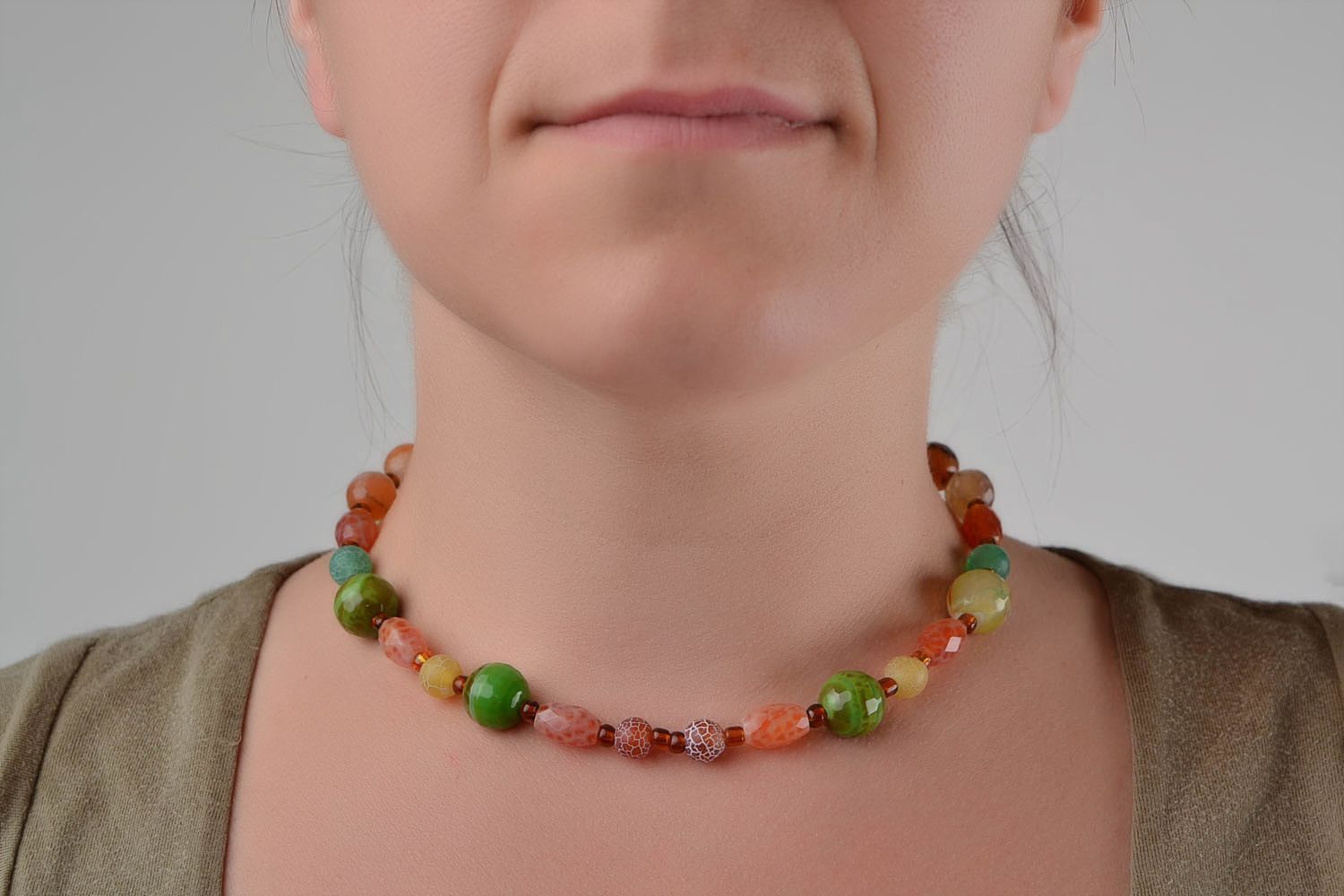 Handmade designer bead necklace with agate and seed beads brown and green  photo 2