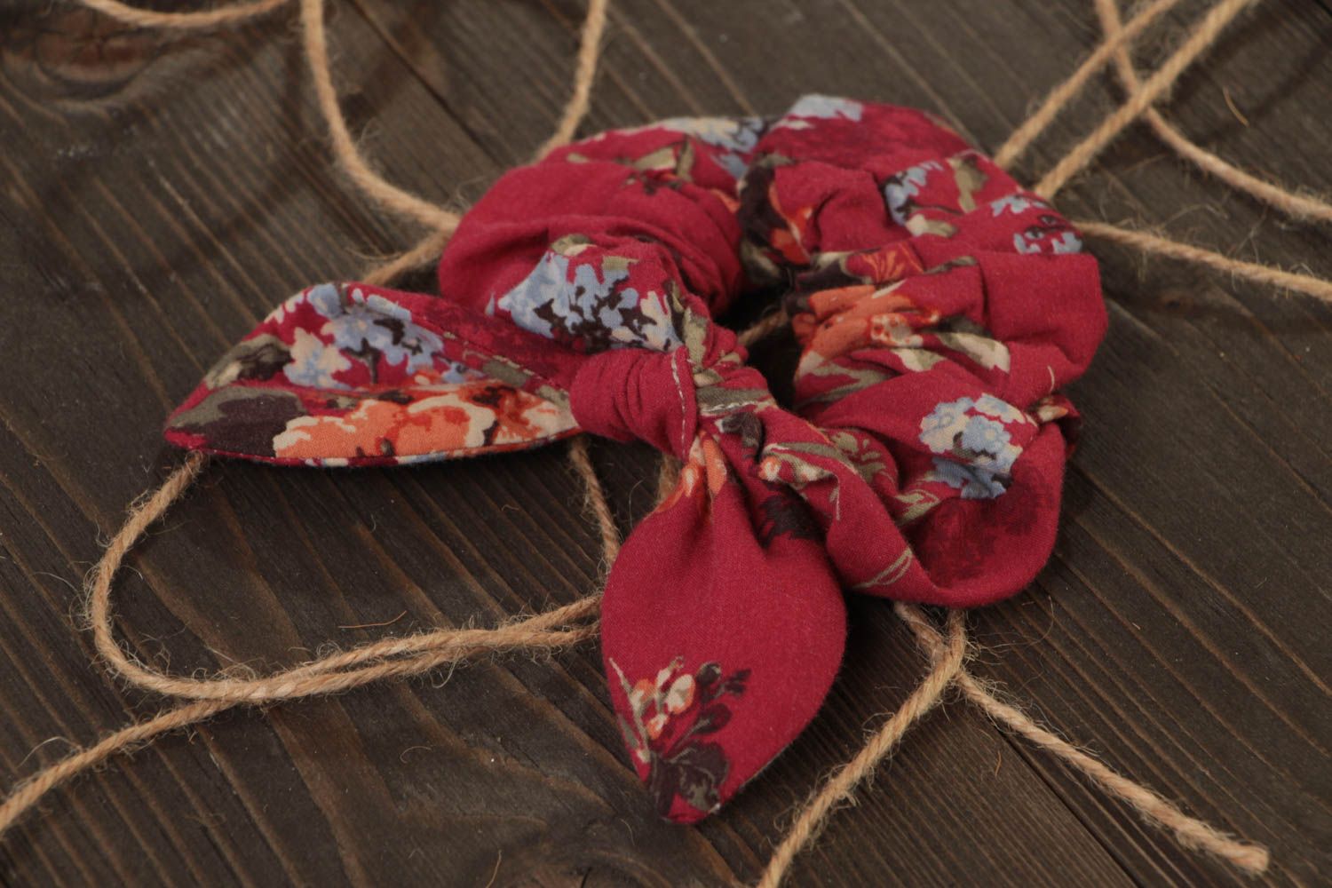 Handmade volume dark red cotton fabric hair tie with floral pattern with bow photo 1