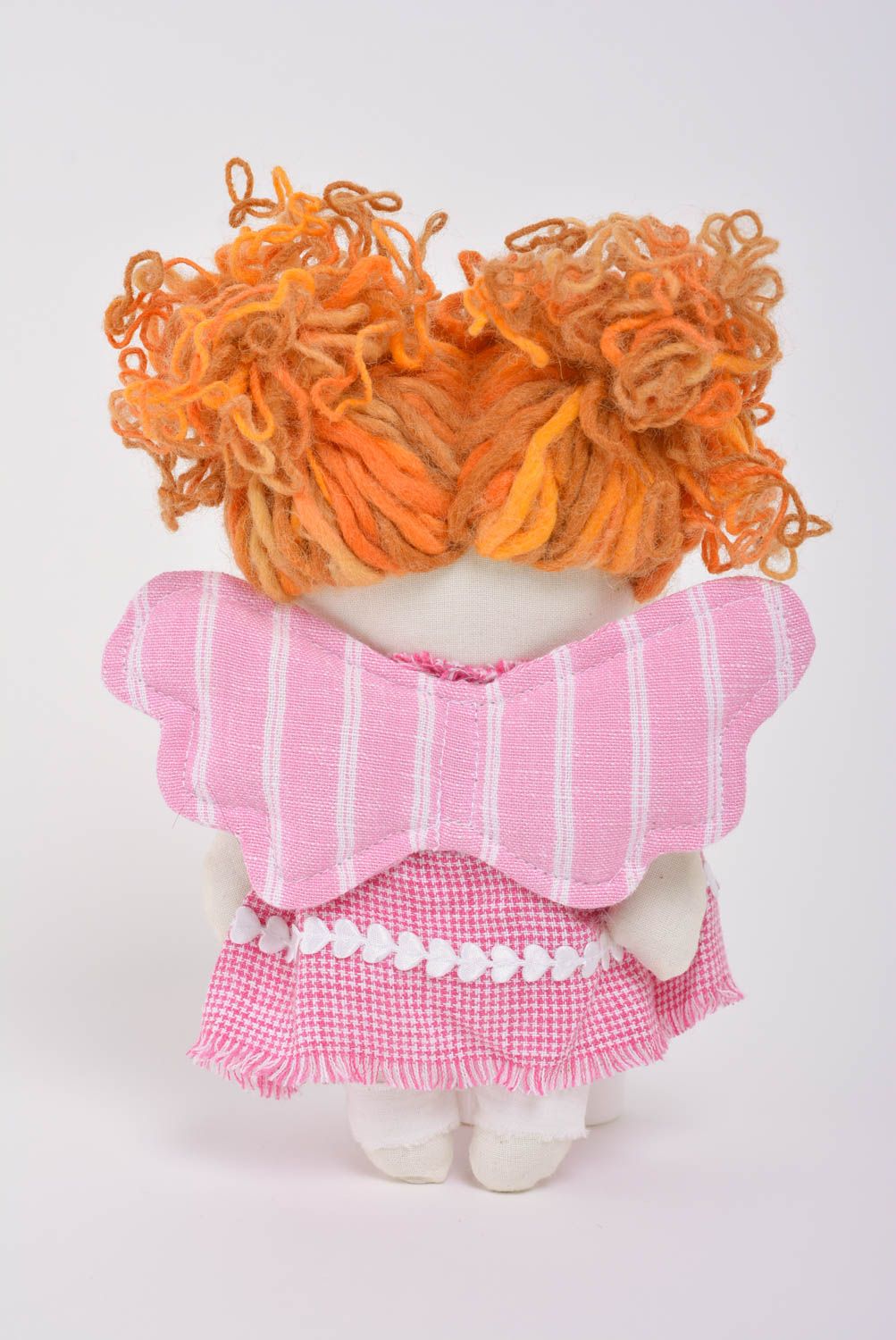 Handmade cotton fabric soft toy angel girl in pink dress with ginger hair photo 3