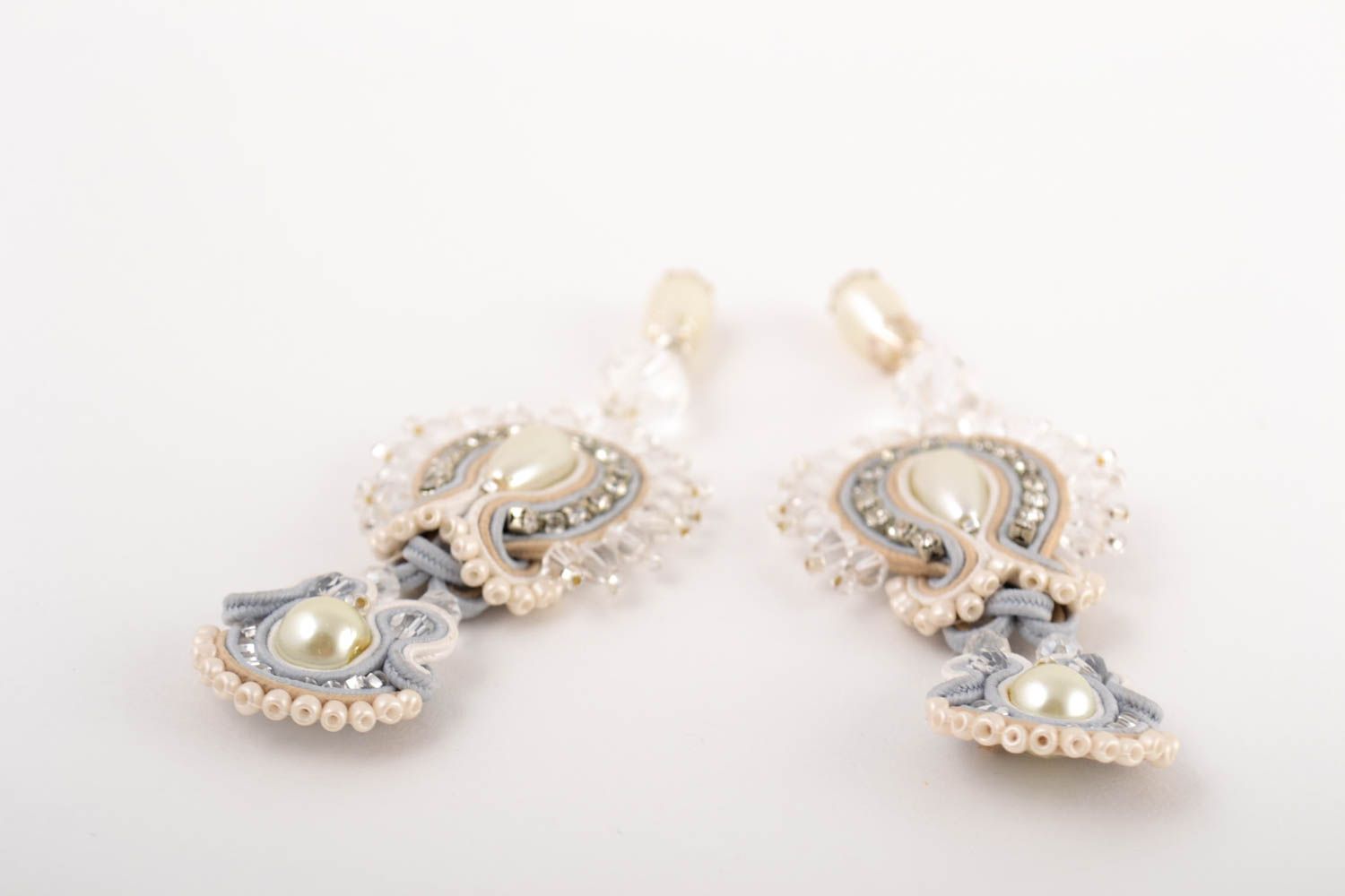 Handmade soutache earrings designer dangling earrings white festive jewelry photo 3