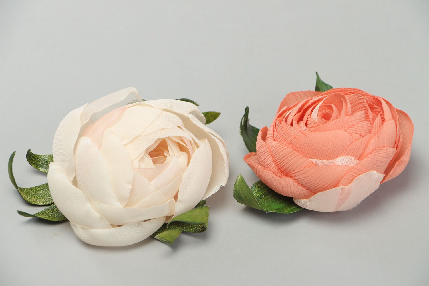 Set of beautiful handmade chiffon brooches for women 2 items of white and coral colors photo 1