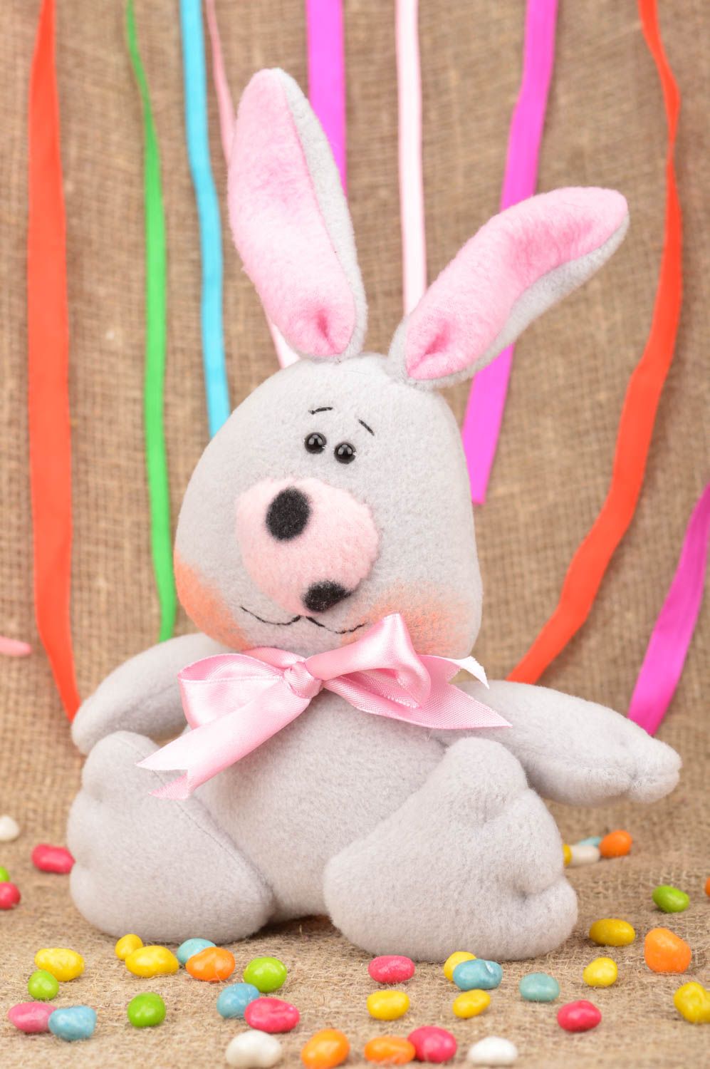Peluche lapin gris rose en tissu faite main cadeau original pour enfant photo 1