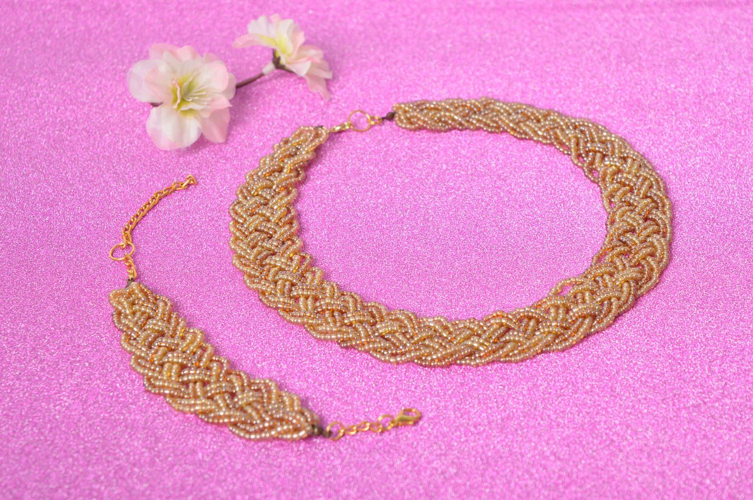 Handmade Schmuck Set Collier Halskette Damen Armband aus Rocailles beige foto 1