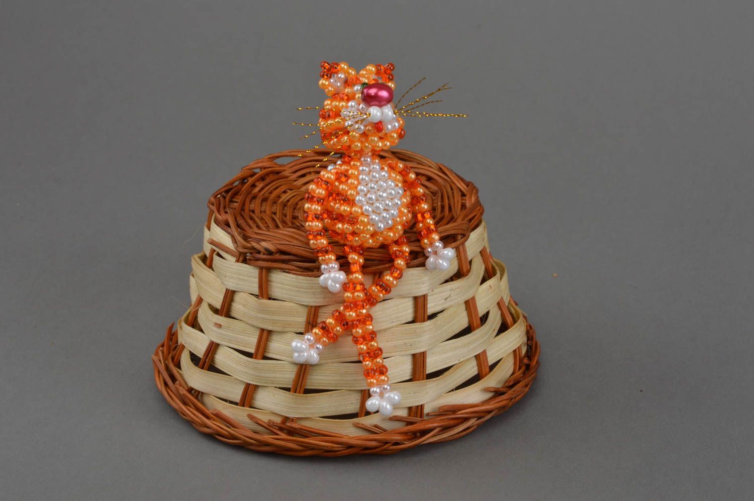 Unusual homemade designer woven bead statuette of orange cat miniature photo 4
